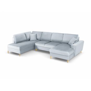 Coltar panoramic extensibil de 7 locuri cu spatiu depozitate tapitata cu Catifea Albastru Deschis cu orientare customizabila L313x194cm Moghan