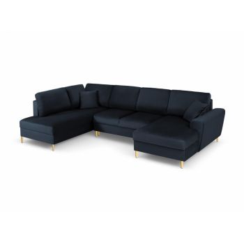 Coltar panoramic extensibil de 7 locuri cu spatiu depozitate tapitata cu Catifea Albastru inchis cu orientare customizabila L313x194cm Moghan