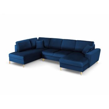 Coltar panoramic extensibil de 7 locuri cu spatiu depozitate tapitata cu Catifea Albastru royal cu orientare customizabila L313x194cm Moghan