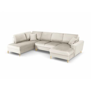 Coltar panoramic extensibil de 7 locuri cu spatiu depozitate tapitata cu Catifea Bej cu orientare customizabila L313x194cm Moghan