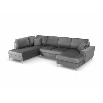 Coltar panoramic extensibil de 7 locuri cu spatiu depozitate tapitata cu Catifea Gri deschis cu orientare customizabila L313x194cm Moghan