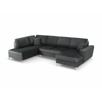 Coltar panoramic extensibil de 7 locuri cu spatiu depozitate tapitata cu Catifea Gri inchis cu orientare customizabila L313x194cm Moghan