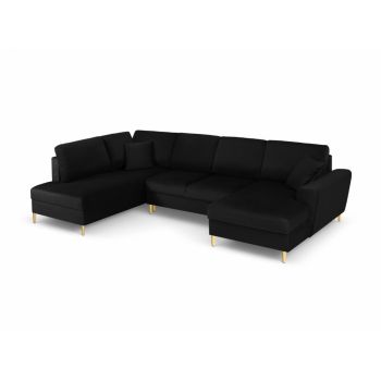 Coltar panoramic extensibil de 7 locuri cu spatiu depozitate tapitata cu Catifea Negru cu orientare customizabila L313x194cm Moghan