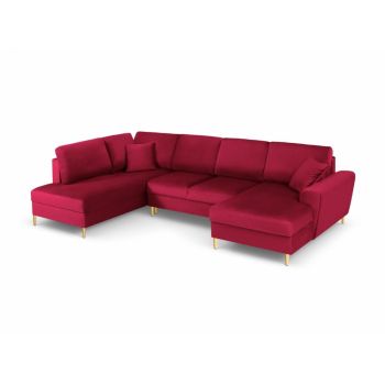 Coltar panoramic extensibil de 7 locuri cu spatiu depozitate tapitata cu Catifea Rosu cu orientare customizabila L313x194cm Moghan
