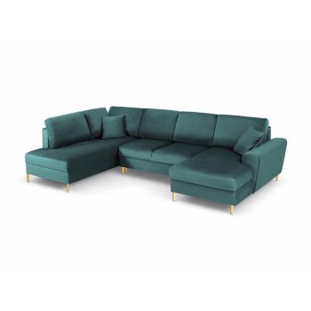 Coltar panoramic extensibil de 7 locuri cu spatiu depozitate tapitata cu Catifea Turcoaz cu orientare customizabila L313x194cm Moghan