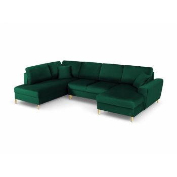 Coltar panoramic extensibil de 7 locuri cu spatiu depozitate tapitata cu Catifea Verde cu orientare customizabila L313x194cm Moghan