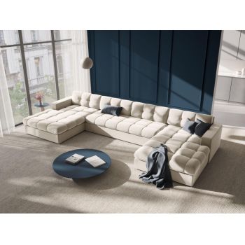 Coltar panoramic fix de 5 locuri tapitat cu Catifea Bej deschis L294x160cm Justin Limited Edition
