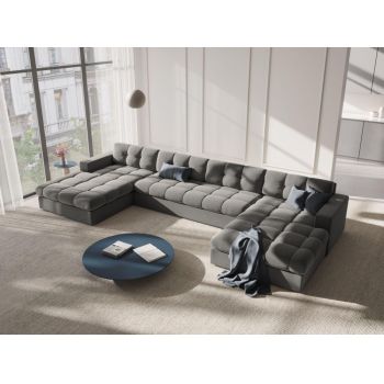 Coltar panoramic fix de 5 locuri tapitat cu Catifea Gri deschis L294x160cm Justin Limited Edition