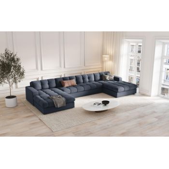 Coltar panoramic fix de 5 locuri tapitat cu Stofa Albastru inchis L294x160cm Justin Limited Edition