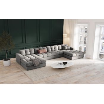 Coltar panoramic fix de 5 locuri tapitat cu Stofa Gri deschis L294x160cm Justin Limited Edition