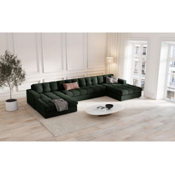 Coltar panoramic fix de 5 locuri tapitat cu Stofa Verde inchis L294x160cm Justin Limited Edition