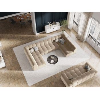Coltar panoramic fix de 7 locuri tapitat cu Catifea Bej deschis cu orientare customizabila L332x231cm Kendal Limited Edition