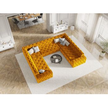 Coltar panoramic fix de 8 locuri tapitat cu Catifea Galben cu orientare reversibila L254cm Candice