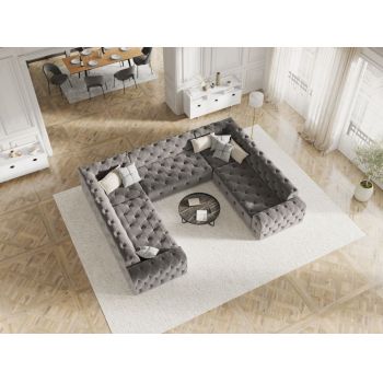 Coltar panoramic fix de 8 locuri tapitat cu Catifea Gri deschis L318cm Candice