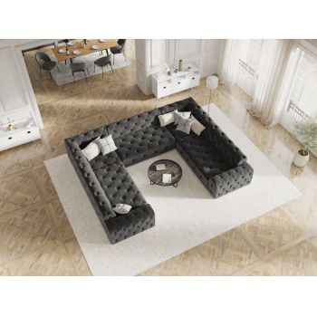Coltar panoramic fix de 8 locuri tapitat cu Catifea Gri inchis L318cm Candice