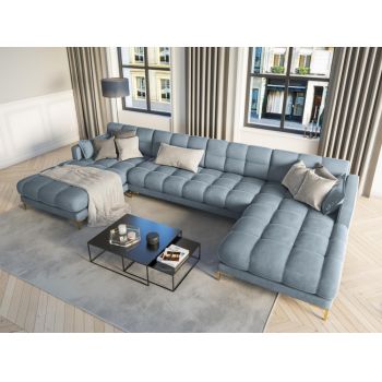 Coltar panoramic fix tapitata cu catifea Albastru deschis cu picioare customizabile L383x185cm Mamaia