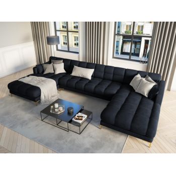 Coltar panoramic fix tapitata cu catifea Albastru inchis cu picioare customizabile L383x185cm Mamaia