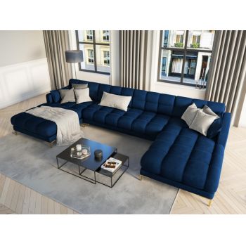Coltar panoramic fix tapitata cu catifea Albastru royal cu picioare customizabile L383x185cm Mamaia