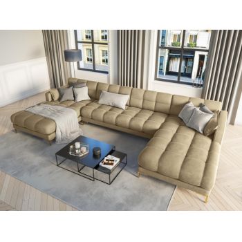 Coltar panoramic fix tapitata cu catifea Bej cu picioare customizabile L383x185cm Mamaia