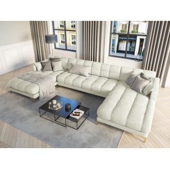 Coltar panoramic fix tapitata cu catifea Bej deschis cu picioare customizabile L383x185cm Mamaia