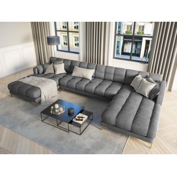 Coltar panoramic fix tapitata cu catifea Gri deschis cu picioare customizabile L383x185cm Mamaia