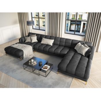 Coltar panoramic fix tapitata cu catifea Gri inchis cu picioare customizabile L383x185cm Mamaia
