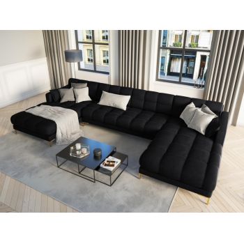 Coltar panoramic fix tapitata cu catifea Negru cu picioare customizabile L383x185cm Mamaia