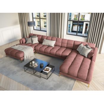 Coltar panoramic fix tapitata cu catifea Roz cu picioare customizabile L383x185cm Mamaia