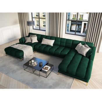 Coltar panoramic fix tapitata cu catifea Verde cu picioare customizabile L383x185cm Mamaia