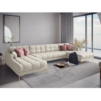 Coltar panoramic fix tapitata cu stofa Bej deschis cu picioare customizabile L383x185cm Mamaia