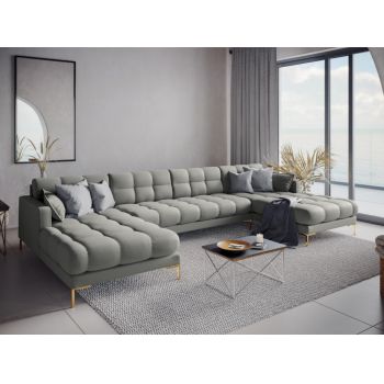 Coltar panoramic fix tapitata cu stofa Gri deschis cu picioare customizabile L383x185cm Mamaia