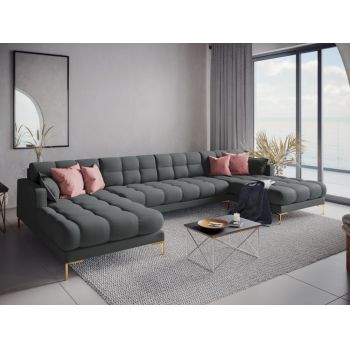 Coltar panoramic fix tapitata cu stofa Gri inchis cu picioare customizabile L383x185cm Mamaia