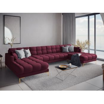 Coltar panoramic fix tapitata cu stofa Rosu inchis cu picioare customizabile L383x185cm Mamaia