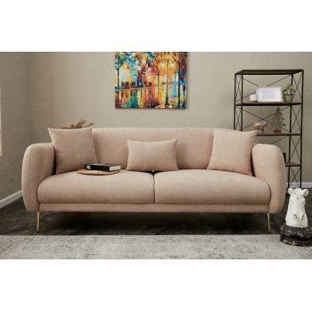 Canapea 3 locuri, Simena, Balcab Home, 219x95x80 cm, spatar mobil, sezut extins 90x180 cm, lemn de fag/poliester boucle, bej