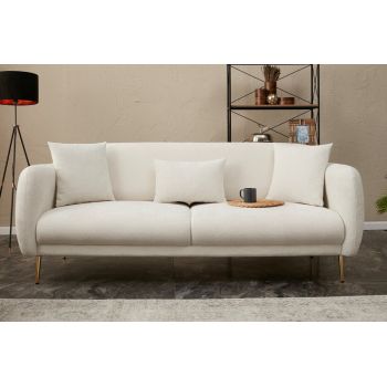Canapea 3 locuri, Simena, Balcab Home, 219x95x80 cm, spatar mobil, sezut extins 90x180 cm, lemn de fag/poliester boucle, crem