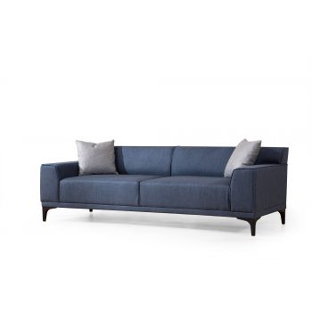 Canapea Petra Bleumarin Fixa, cu Spuma Poliuretanica, 3 Locuri, tapitata cu stofa, Perne Incluse, l212xA69xH86 cm