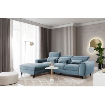 Coltar Extensibil Fobleros Plus Bleu cu Lada de Depozitare, Sezlong pe Stanga, Tetiere Reglabile, l267xA196xH83-100 cm