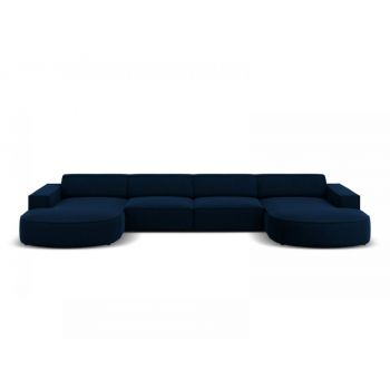 Coltar fix in forma de U de 6 locuri din Catifea Albastru royal cu forma sezlong customizabila L364cm Jodie