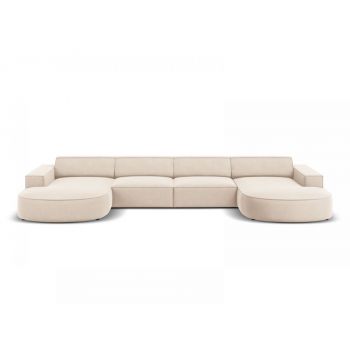 Coltar fix in forma de U de 6 locuri din Catifea Bej deschis cu forma sezlong customizabila L364cm Jodie