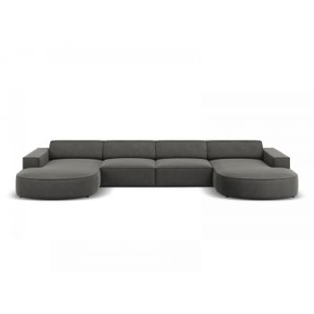 Coltar fix in forma de U de 6 locuri din Catifea Gri deschis cu forma sezlong customizabila L364cm Jodie