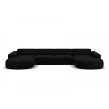 Coltar fix in forma de U de 6 locuri din Catifea Negru cu forma sezlong customizabila L364cm Jodie
