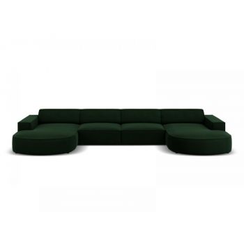 Coltar fix in forma de U de 6 locuri din Catifea Verde cu forma sezlong customizabila L364cm Jodie