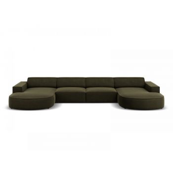 Coltar fix in forma de U de 6 locuri din Catifea Verde inchis cu forma sezlong customizabila L364cm Jodie
