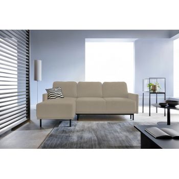 Coltar Solo Velvet Bej Extensibil, Sezlong Universal (pe Stanga sau pe Dreapta), tapitat cu Stofa, cu Lada de Depozitare, Perne Incluse, l212xA142xH87 cm