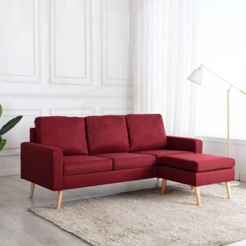 Canapea cu 3 locuri și taburet roșu vin material textil
