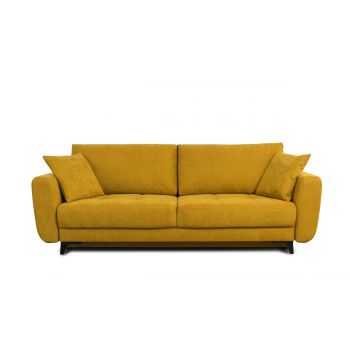 Canapea Extensibila, 3 Locuri, Lada de Depozitare, tapitata cu Stofa, Perne Incluse, Kary Mustariu, l246xA111xH93 cm