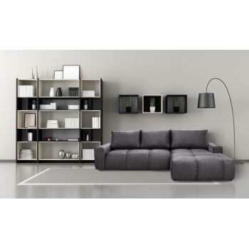 Coltar Extensibil Atlas Grafit, Sezlong pe Dreapta, cu Lada de Depozitare, tapitat cu Stofa, Perne Incluse, l304xA216xH92 cm