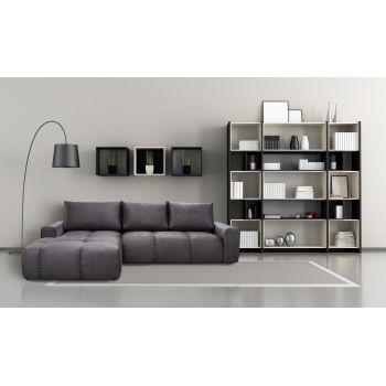 Coltar Extensibil Atlas Grafit, Sezlong pe Stanga, cu Lada de Depozitare, tapitat cu Stofa, Perne Incluse, l304xA216xH92 cm