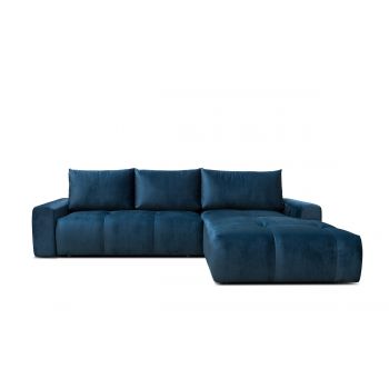 Coltar Extensibil Atlas Velvet Bleumarin, Sezlong pe Dreapta, cu Lada de Depozitare, tapitat cu Stofa, Perne Incluse, l304xA216xH92 cm