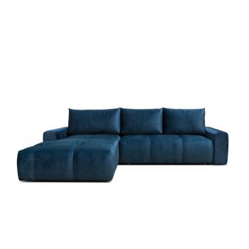 Coltar Extensibil Atlas Velvet Bleumarin, Sezlong pe Stanga, cu Lada de Depozitare, tapitat cu Stofa, Perne Incluse, l304xA216xH92 cm